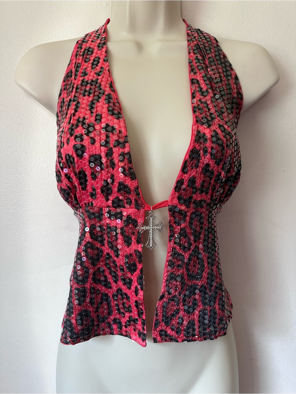 Sequin Animal Print Halter Top with Cross Accent - Hot Pink/Black